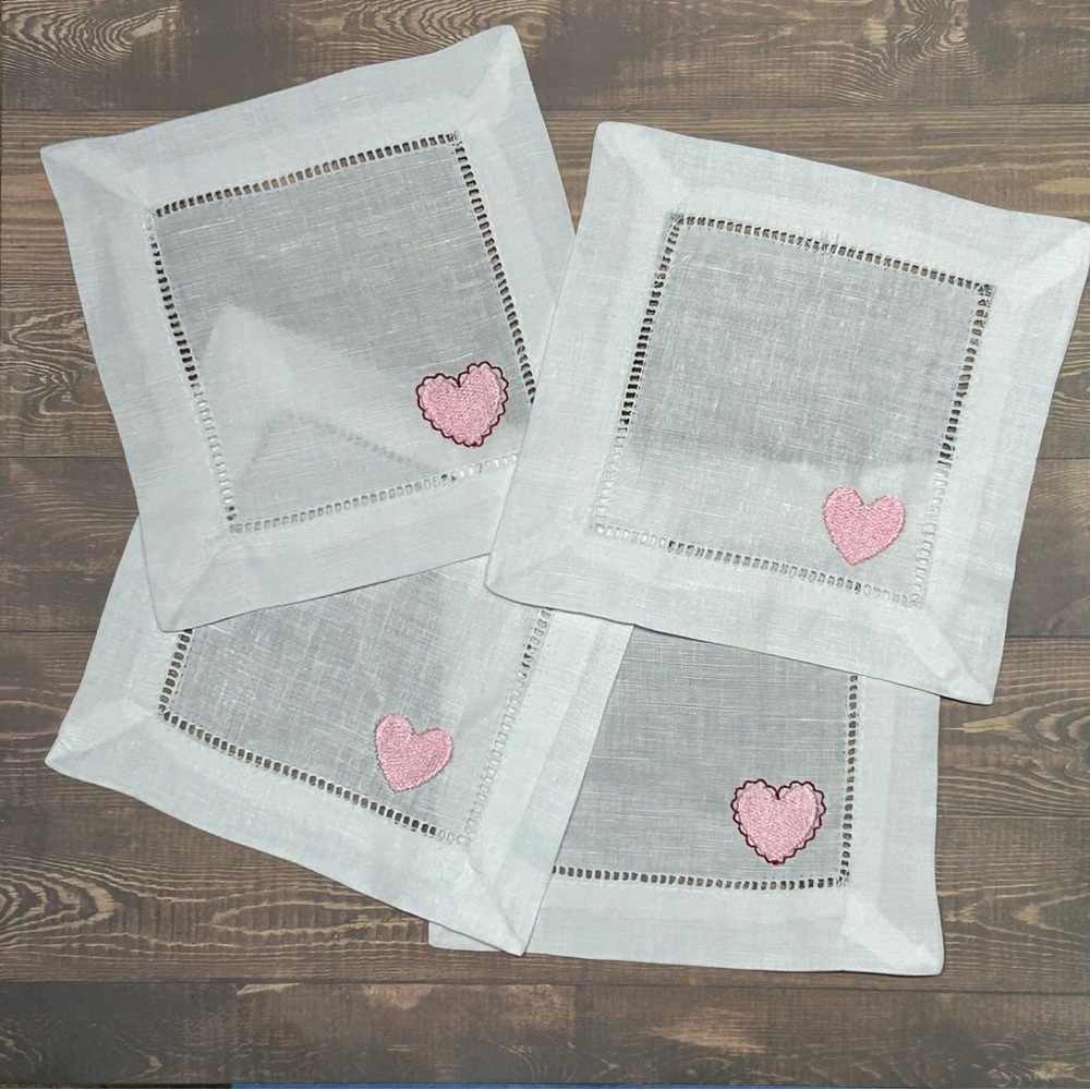 New set of 4 embroidered heart linen cocktail napkins